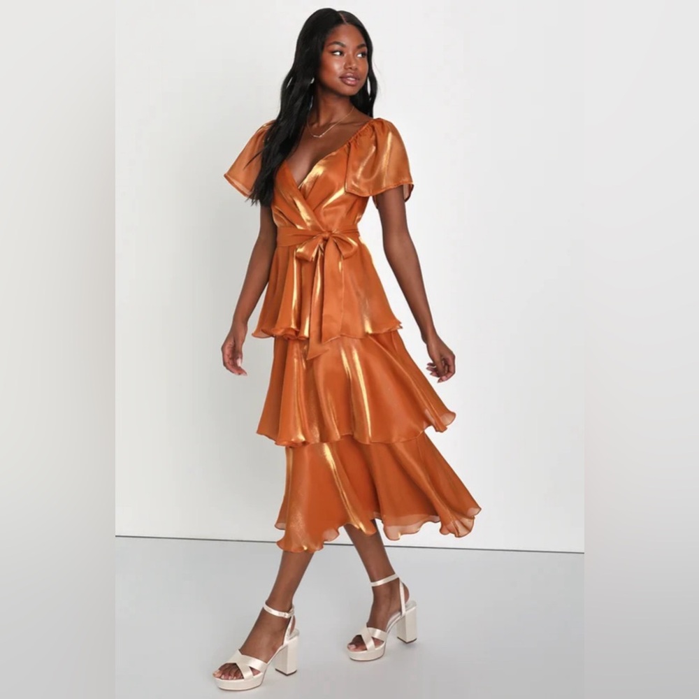Glowing Spirit Rust Orange Flutter Sleeve Tiered Midi Dress
Lulus